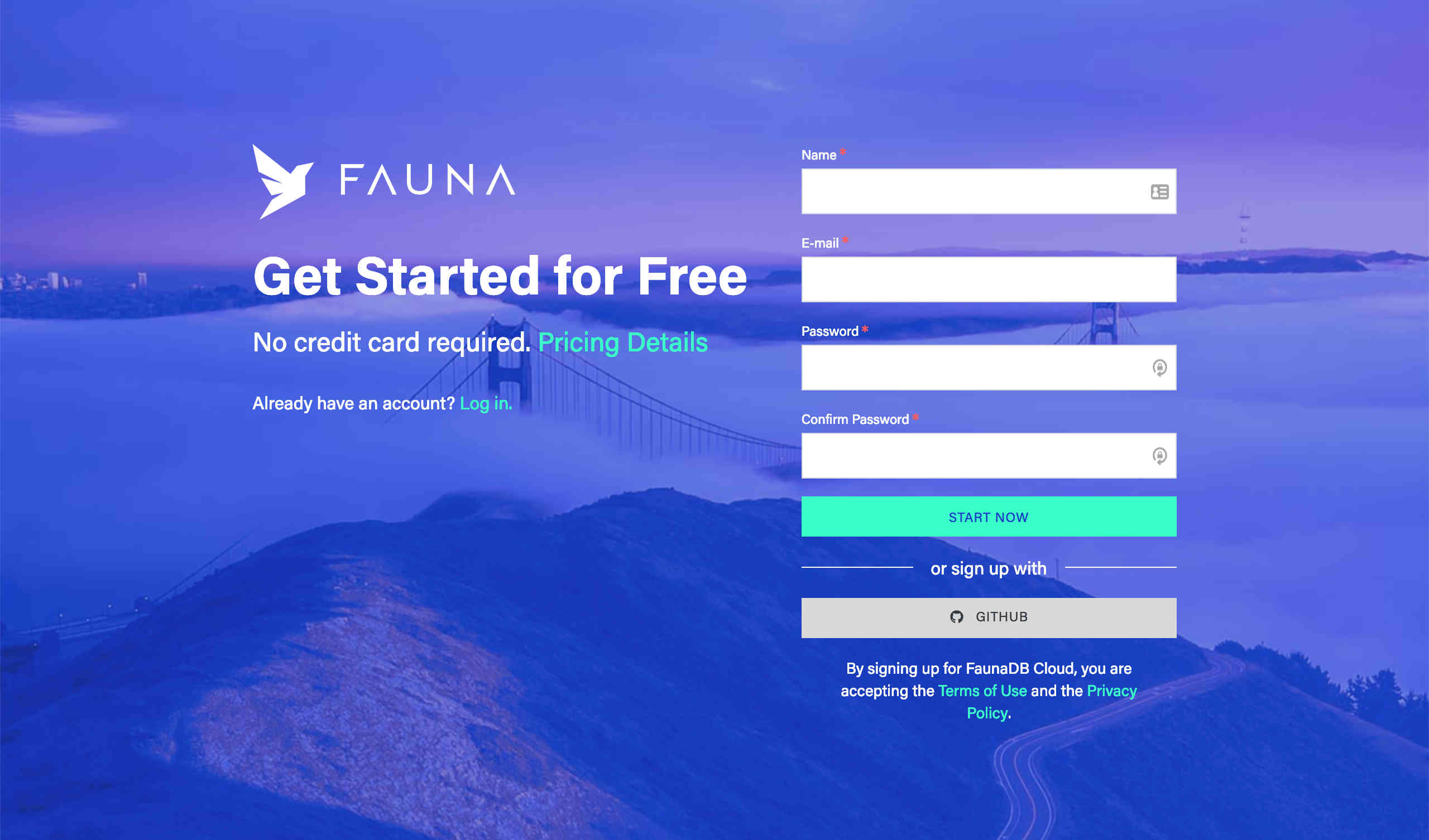 The FaunaDB sign up screen